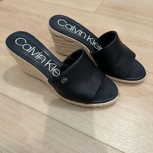 Calvin Klein Black Leather Espadrille Wedge Slides
